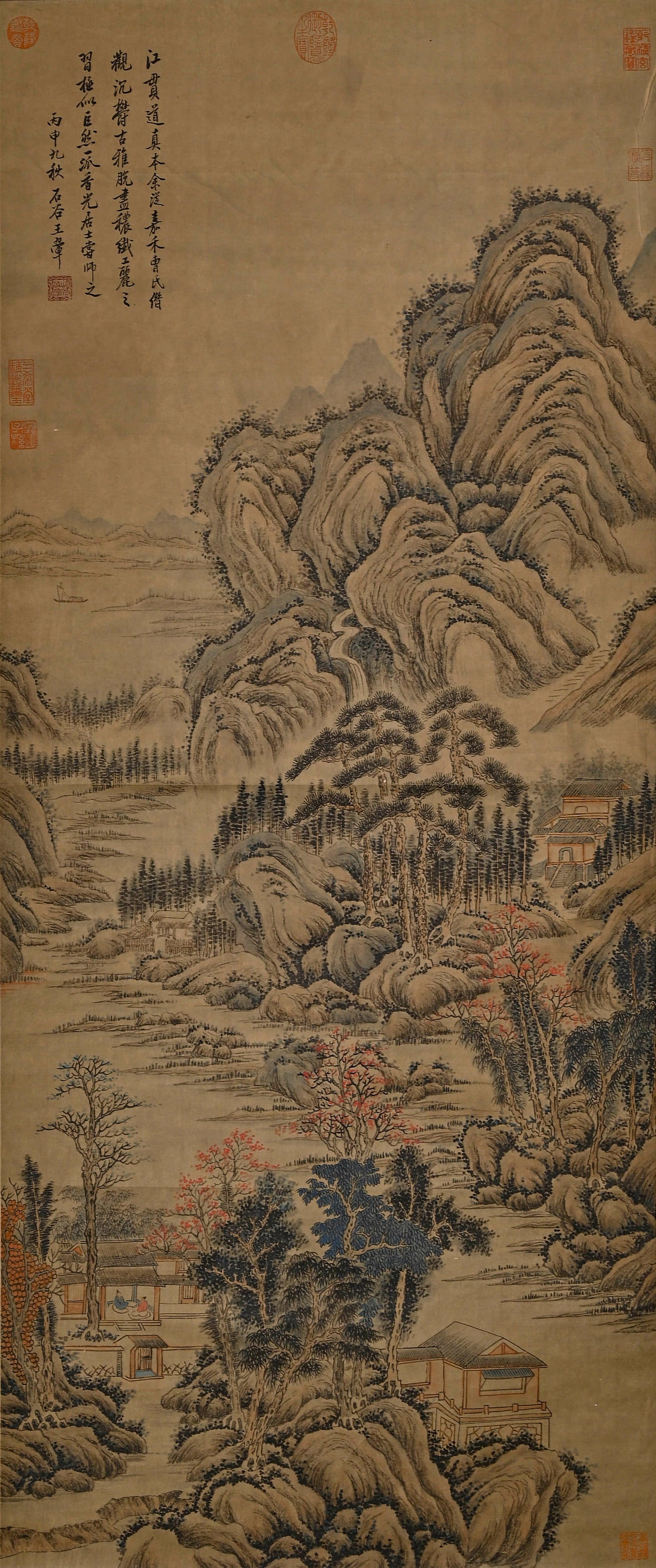 WANG HUI (1632–1717), ATTRIBUTED TO, FOREST AND MOUNTAIN LANDSCAPE: Ink and color on Paper, hanging scroll.Dimensions: 136 cm (53.54 in.) x 57 cm (22.44 in.). All measurements are approximate.