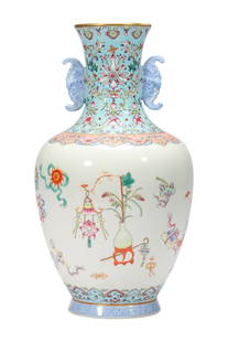 A FAMILLE ROSE "ANTIQUE" DOUBLE-EARED VASE: A FAMILLE ROSE "ANTIQUE" DOUBLE-EARED VASE Dimensions: Height: 30.2 cm (11.89 in.), Width: 16.5 cm (6.50 in.). For more information on and additional videos for this lot, please contact info@solanoart
