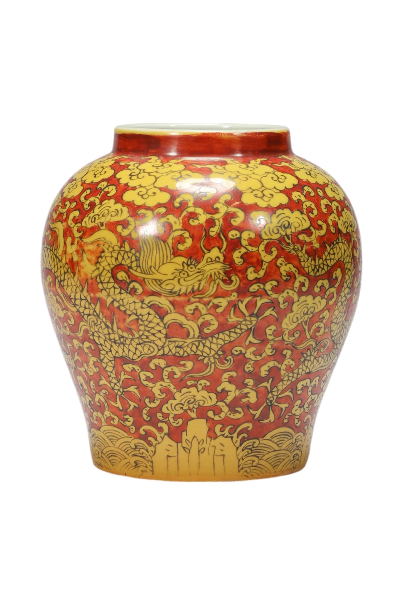 A RED-GROUND YELLOW-GLAZED DRAGON-PATTERN GENERAL JAR (1 of 6)