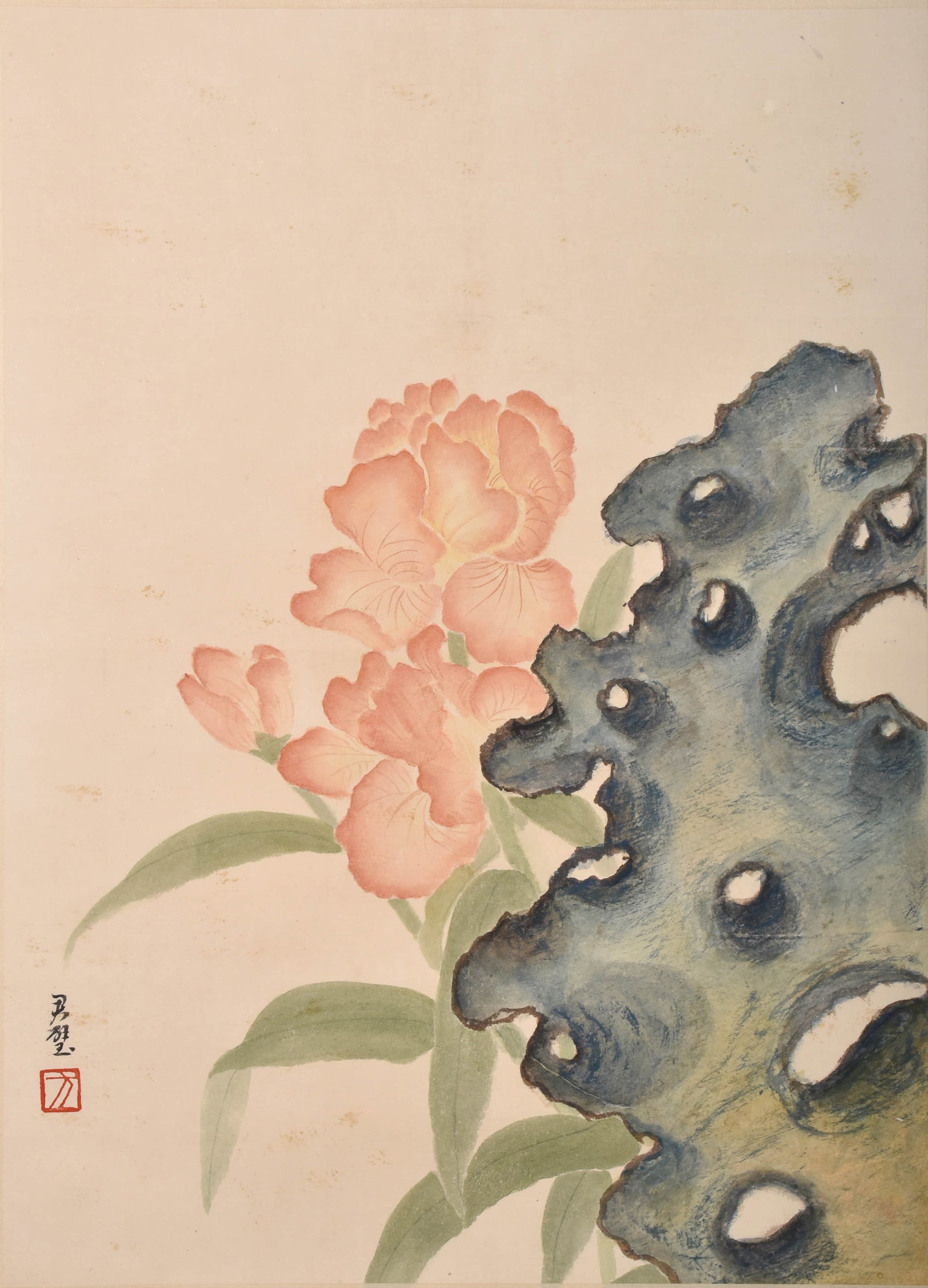 FANG JUNBI )ACTIVE PERIOD), ATTRIBUTED TO, FLOWER AND ROCK PAINTING: FANG JUNBI )ACTIVE PERIOD), ATTRIBUTED TO, FLOWER AND ROCK PAINTING Colored Paper Hanging Scroll Dimensions: 53 cm )20.87 in.) x 38 cm )14.96 in.). All measurements are approximate. Any condition stat