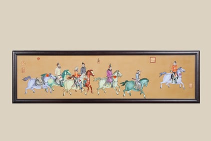 A 'FIGURES WITH HORSES' PORCELAIN PANEL PAINTING