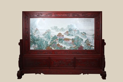 A 'LANDSCAPE WITH PAVILION' PORCELAIN PANEL PAINTING