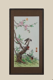 A 'FLOWERS AND BIRDS' PORCELAIN PANEL PAINTING