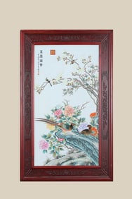 A 'FLOWERS AND BIRDS' PORCELAIN PANEL PAINTING