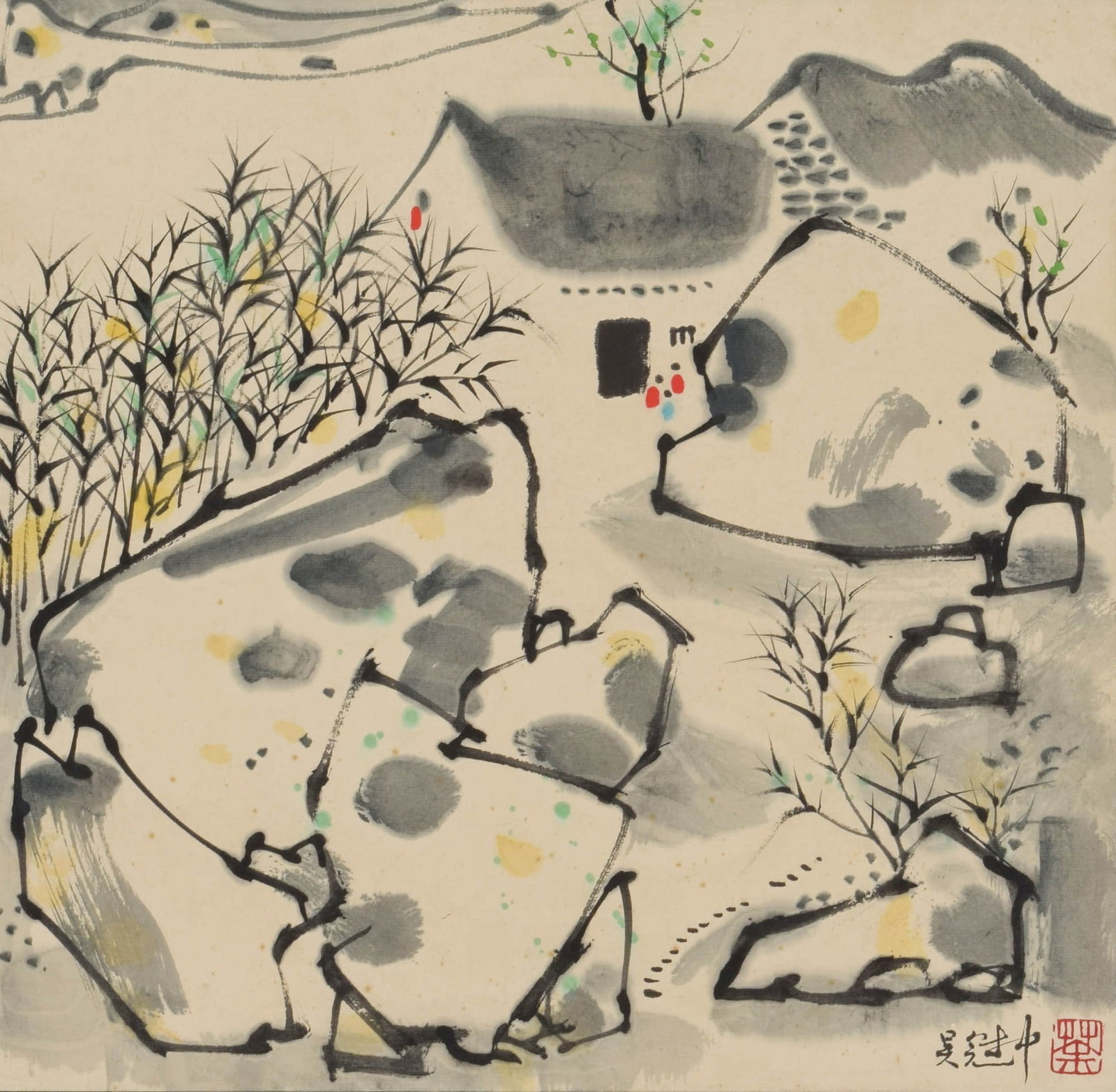 WU GUANZHONG (1919–2010), ATTRIBUTED TO, SPRING IN JIANGNAN: WU GUANZHONG (1919–2010), ATTRIBUTED TO, SPRING IN JIANGNAN Dimensions: Length 41 cm, Width 40 cm (16 1/4 × 15 3/4 in.). All measurements are approximate. Any condition statement is given as a cour