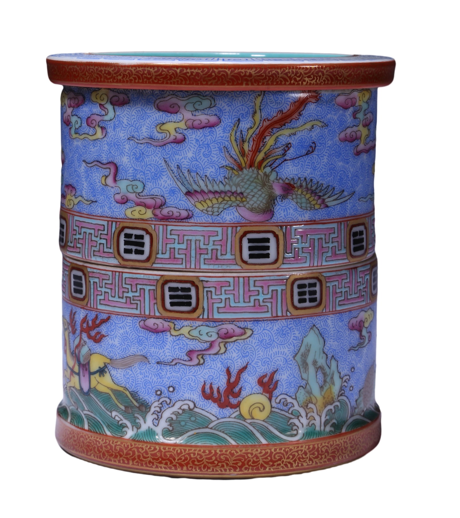A FAMILLE ROSE GILT-DECORATED 'LINGZHI, ROCK, SEAHORSE, AND PHOENIX' TURNING BRUSH POT: A FAMILLE ROSE GILT-DECORATED 'LINGZHI, ROCK, SEAHORSE, AND PHOENIX' TURNING BRUSH POT Dimensions: Length 11 cm, Width 11.5 cm (4 3/8 × 4 1/2 in.). All measurements are approximate. Any condition sta