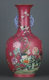 A RUBY RED-GROUND, FAMILLE ROSE 'PEONY AND ROOSTER' VASE