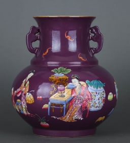 A PURPLE GROUND FAMILLE ROSE 'LADIES AND INFANTS PLAYING' JAR