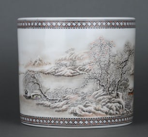 A FAMILLE ROSE 'LANDSCAPE' BRUSH POT