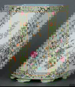A GREEN-GROUND FAMILLE ROSE MEDALLION 'FLOWERS' BRUSH POT
