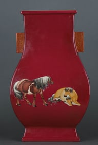 A RUBY RED-GROUND FAMILLE ROSE 'EIGHT HORSES' VASE