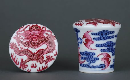 A PAIR OF BLUE AND WHITE 'CLOUD AND BATS WITH DRAGONS' SCROLLS