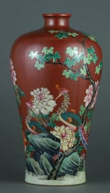 A FAMILLE-ROSE IRON-RED GROUND 'PHOENIX AND PEONY' MEIPING