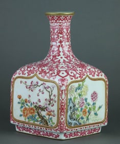A RED GROUND FAMILLE-ROSE 'WEST PASSIONFLOWER AND SEASONAL FLOWERS' VASE