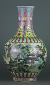 A YANGCAI 'LANDSCAPE AND FIGURES WITH IMPERIAL POEM' VASE