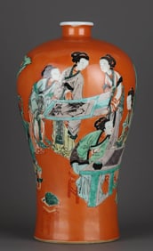 A RED GLAZED WUCAI 'LADY AND ART' MEIPING