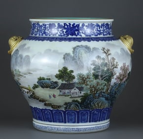 A BLUE AND WHITE AND FAMILLE ROSE 'LANDSCAPE AND BAT EARS' JAR