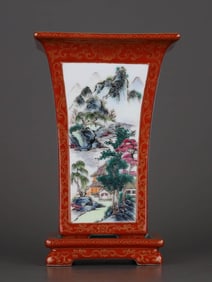 A IRON-RED MEDALLION GILT DECORATED FAMILLE ROSE 'LANDSCAPE' FLOWER POT