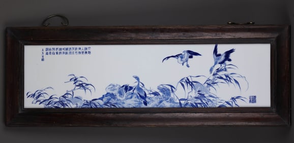 A BLUE AND WHITE 'REED GEESE' PORCELAIN PLAQUE