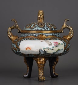 A ANTIQUE-BRONZE COLORED AND GILT DECORATED MEDALLION FAMILLE ROSE 'FLORAL' CENSER