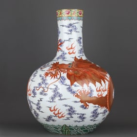A FAMILLE ROSE AND IRON-RED GILT DECORATED 'CLOUD DRAGON' GLOBULAR VAES