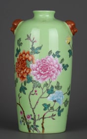 A GREEN-GLAZED FAMILLE ROSE 'PEONY AND POETRY' MEIPING