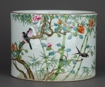 A FAMILLE ROSE 'BAMBOO AND FLOWER WITH POETRY' BRUSH POT