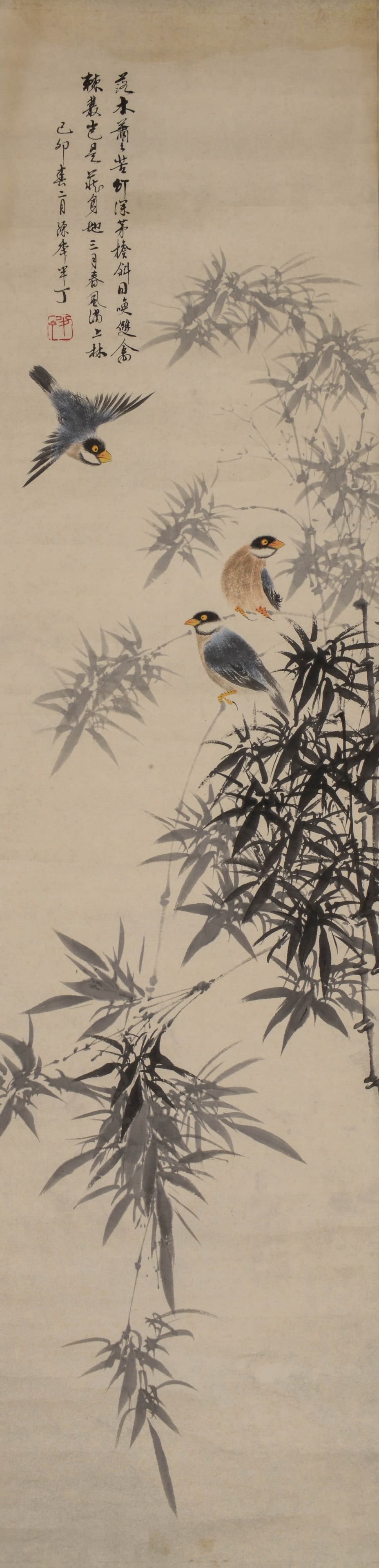 CHEN BANDING (1879–1970), ATTRIBUTED TO, FLOWERS AND BIRDS: CHEN BANDING (1879–1970), ATTRIBUTED TO, FLOWERS AND BIRDS Dimensions: Length: 134 cm (52.76 in.), Width: 33 cm (12.99 in.). All measurements are approximate. Any condition statement is given as a c