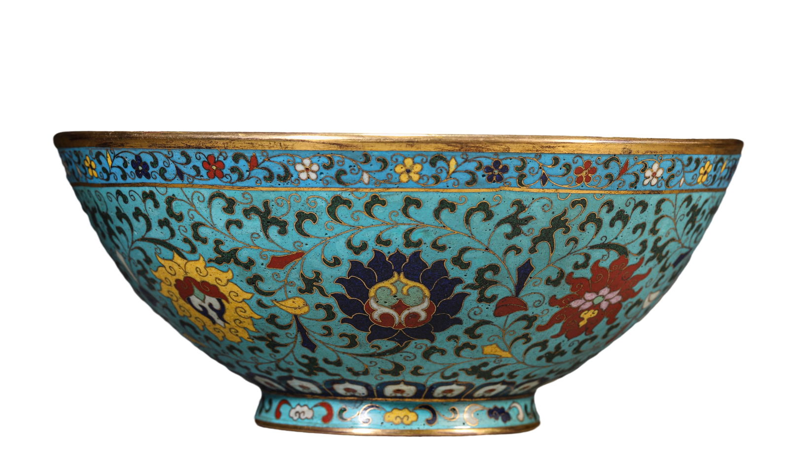 A COPPER-BODY CLOISONNé ENAMEL 'LOTUS AND DRAGON'  BOWL