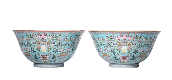 A PAIR OF CELADON-GLAZED 'FLORAL WITH BAT' BOWLS