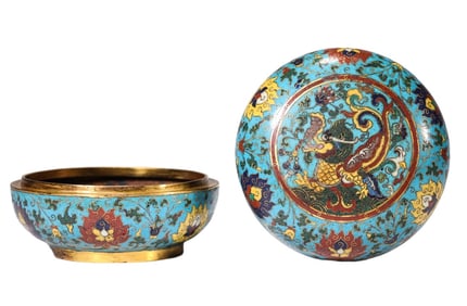 A COPPER-BODY CLOISONNé ENAMEL 'LOTUS AND DRAGON' BOX WITH COVER