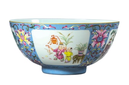 A BLUE-GROUND FAMILLE ROSE MEDALLION 'CHILDREN AT PLAY ' BOWL