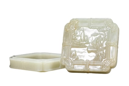 A JADE CARVED 'SCHOLAR UNDER PINE TREE' BOX WITH COVER