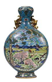 A COPPER-BODY CLOISONNé ENAMEL MEDALL 'HERDING CATTLE' MOONFLASK