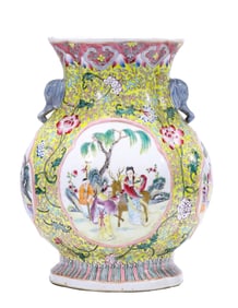 A YELLOW-GROUND FAMILLE ROSE 'FIGURE' JAR