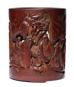 A BAMBOO CARVED 'SCHOLAR UNDER PINE TREE' BRUSH POT