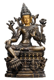 AN ALLOY COPPER INLAID WITH SILVER AND RED COPPER GREEN TARA IN TIBET PARLA DYNASTY STYLE