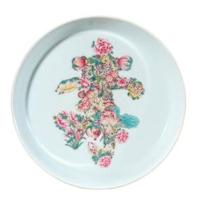 A YELLOW GROUND FAMILLE ROSE 'FLORAL, BAT, AND SHOU' DISH