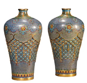 A PAIR OF  COPPER-BODY CLOISONNé ENAMEL PLUM BLOSSOM VASES