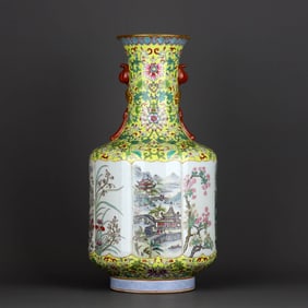 A YELLOW-GROUND FAMILLE ROSE MEDALLION 'INTERLOCKING LOTUS AND LANDSCAPE' VASE