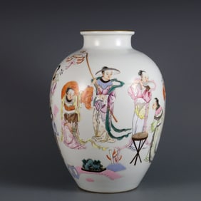 A FAMILLE ROSE 'TWELVE MUSICAL INSTRUMENTS' MELON-SHAPED JAR