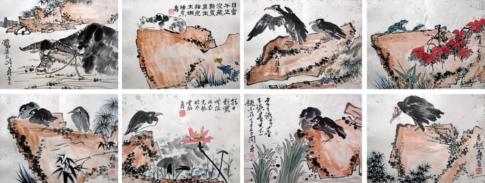 PAN TIANSHOU (1897-1971), ATTRIBUTED TO, FLOWERS AND BIRDS (EIGHT LEAVES)