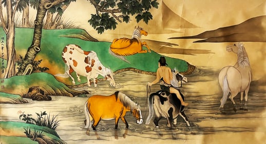 ZHANG DAQIAN (1899-1983), ATTRIBUTED TO, WASHING HORSES