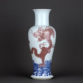 A BLUE AND WHITE WITH UNDERGLAZED-RED 'DRAGON IN WAVES' VASE
