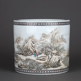 A FAMILLE ROSE 'SNOW LANDSCAPE WITH PLUM BLOSSOMS' BRUSH POT