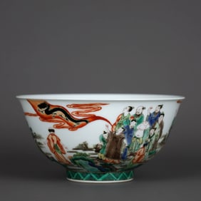 A WUCAI 'IMMORTALS CELEBRATING SHOU' BOWL