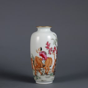 FAMILLE ROSE 'BUFFALO-RIDING SHEPHERD WITH POEM' CYLINDRICAL VASE