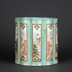 STONE-EFFECT GLAZE MEDALLION WITH IRON-RED AND GRISAILLE 'LANDSCAPE' FLOWER-MOUTHED BRUSH POT