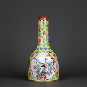 YELLOW-GROUND ENAMEL MEDALLION 'FLOWERS AND BIRDS' BELL-SHAPED VASE