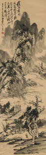 WANG ZHEN (1867-1938), ATTRIBUTED TO, VISITING FRIENDS BY STREAM AND MOUNTAIN: WANG ZHEN (1867-1938), ATTRIBUTED TO, VISITING FRIENDS BY STREAM AND MOUNTAIN Dimensions: Length: 103 cm (40.55 in.), Width: 34 cm (13.39 in.). All measurements are approximate.Any condition statement